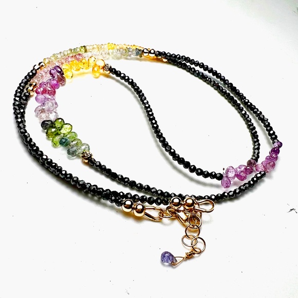 Handmade Natural Sapphire, Black Diamond Necklace Wrap Bracelet Solid 14k Gold - Picture 2 of 11